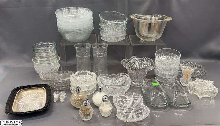 Assorted Pressed Glass Dishes - Bowls, Coasters, Salt and Peppers, Misc - 7" of largest image