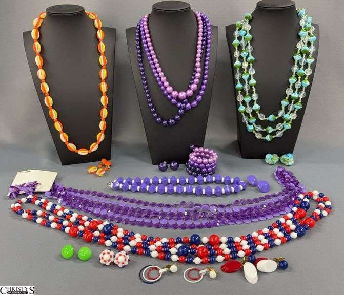 Ladies Kitschy Plastic Bead Necklaces and Clip Earrings - 40" of longest image