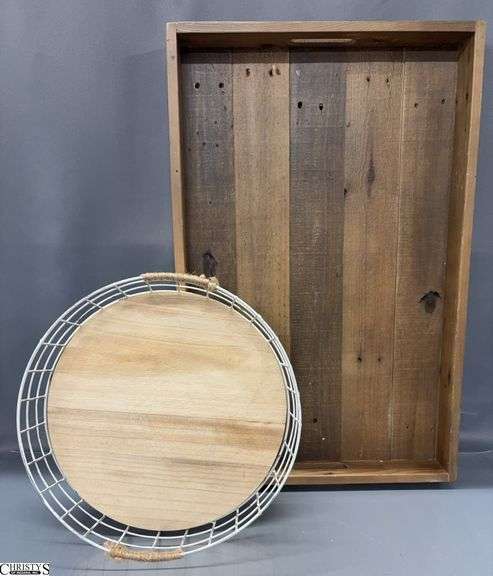 Large Wooden Decorative Tray and Round Metal and Wood Tray - 18" x 28 of largest image