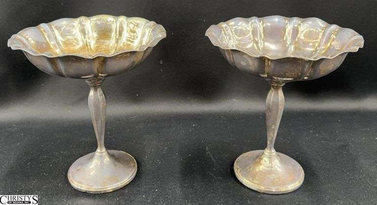 Pair Sterling Silver Weighted Compotes - 6" x 6.5" of each image