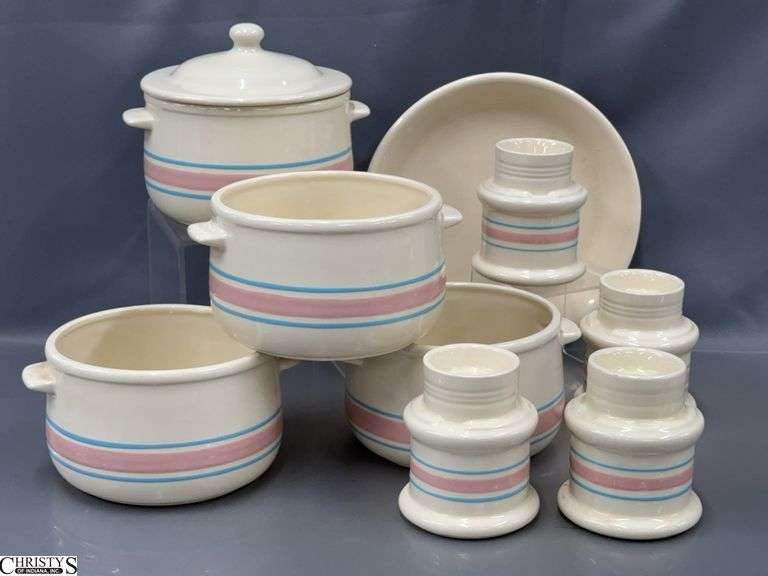 9 Nelson McCoy Pink & Blue Stripe Pottery - Pie Plate, Pots, Candleholders - 10" D of pie plate image