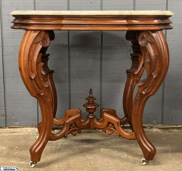 Ornate Carved Wood Marble Top Parlor Table - 32" x 23" x 30" image