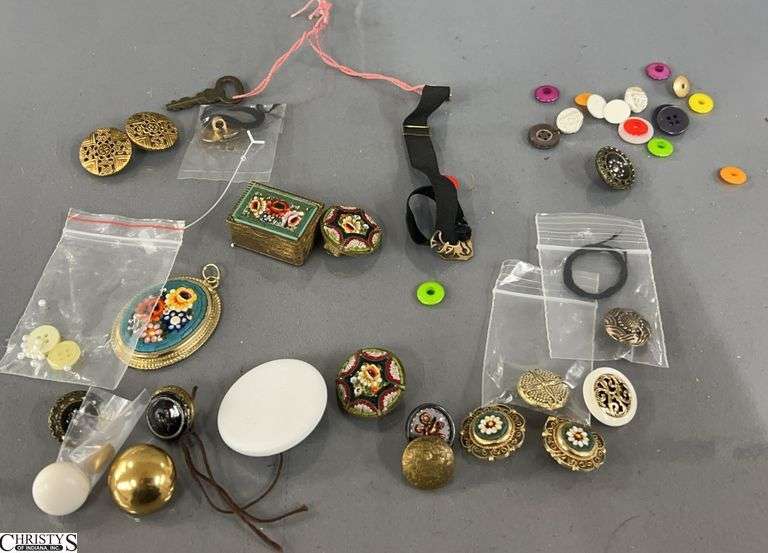 Micro Mosaic Pendant, Earrings, Pill Box and Assorted Buttons, Misc - 2" of pendant image