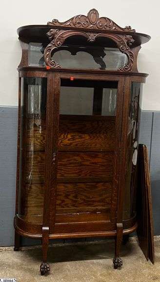 Antique Carved Wood Bow Front Curio Cabinet, Has Key Does Lock - 43" x 16" x 78" - 3 Interior Wood Shelves - Front Glass Panel Missing image