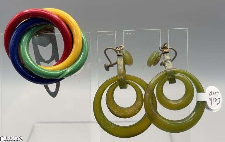 Celluloid Dangle Earrings 2.25" and Clip 1.5" Round image