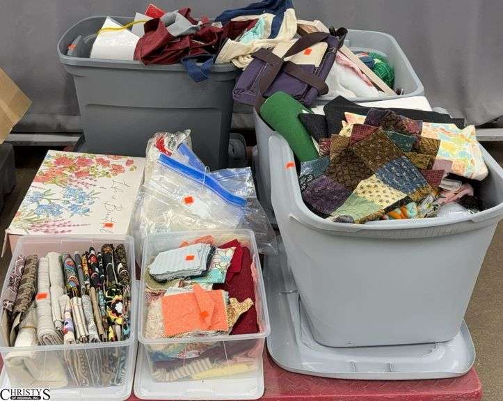Quilting Supplies, Folded Fabrics, Small Lamp, Totes With Misc, SKID NOT INCLUDED image