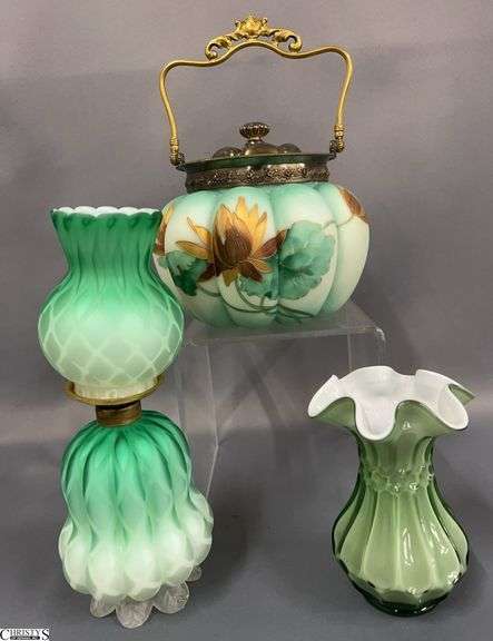 Pairpoint Melon Ribbon Biscuit Jar, Green Cased Glass Miniature Oil Lantern, Green Cased Glass Vase - 10" of lanter image