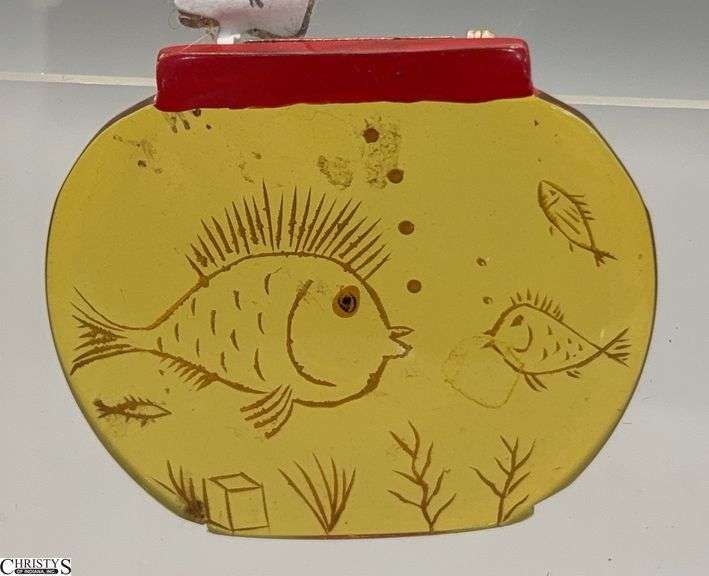 J.L. Foltz Signed 02 Bakelite Apple Juice Fish Tank Pin 2" Wide image