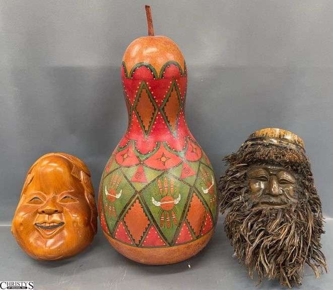 2 Carved Wood Masks and Hand Painted Gourd - 19" of tallest image