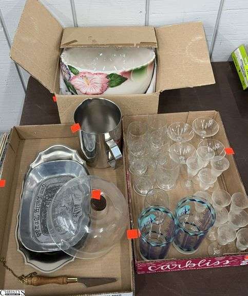 Aperitif Stems, Floral Ceramic Serving Bowl, Pewter Tone Trays, Frothing Pitcher - 10" D of bowl image