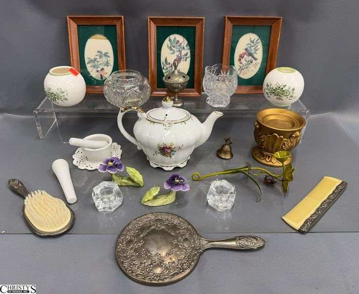 Teapot, Small Framed Prints, Silverplate Vanity Mirror and Comb, Misc - 5" x 7" of frame image