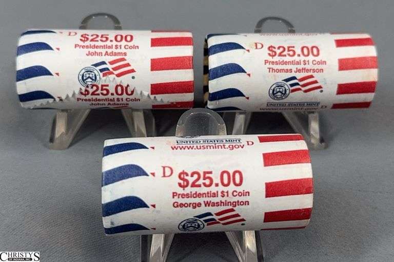 Three $25 Rolls of Presidential $1 Coins - Includes George Washington,  Thomas Jefferson and John Adams Rolls image