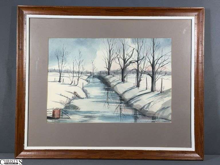 Signed Elizabeth Keesling Winter Stream Scene Watercolor - 27" x 22" of frame image
