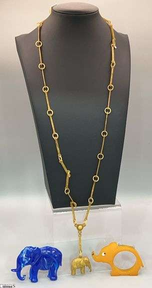 Signed Bakelite Elephant Brooch, Blue Swirl and Celluloid Elephant Necklace image