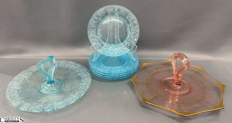 Blue Etched Glass Bon Bon Plate and 6 Etched Plates, Pink Gilt Gold Bon Bon Plate - 11" D image