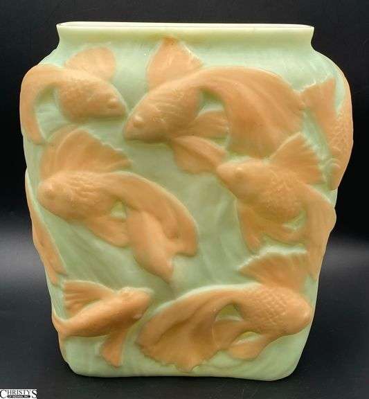 Phoenix Consolidated UV Reactive Koi Goldfish Art Glass Vase - 8" x 9.5" image