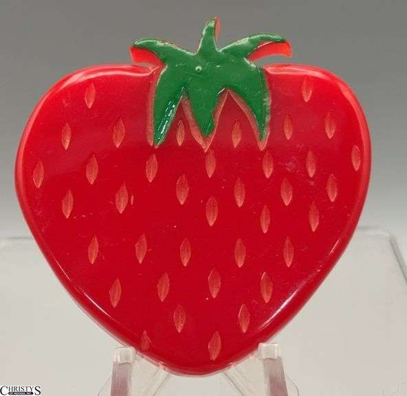 Signed Jim Foltz Red Bakelite Strawberry Brooch 2.5x2.5" image