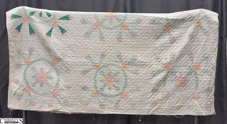 Handmade Floral Motif Quilt - some wear, needs repair  - 73" x 72" image