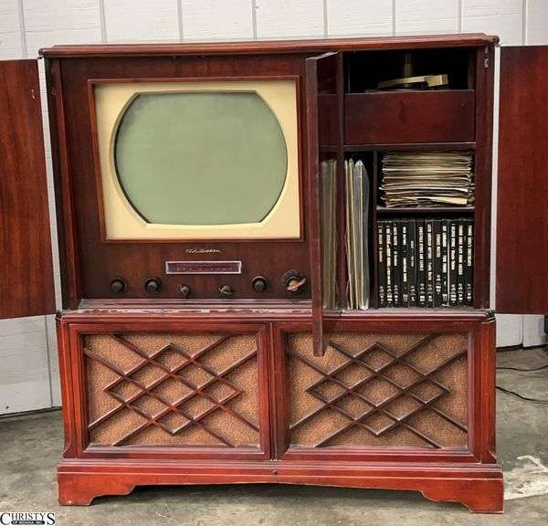 Victrola Vision Console Vintage Television in Cabinet Does Power On and Sound However Turntables Not Turning, Knobs All Move Does Have Records, Overall 36x23x39" image