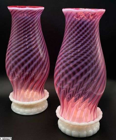 Pair Fenton Cranberry Opalescent Optic Swirl Candle Hurricanes - 11" of each image