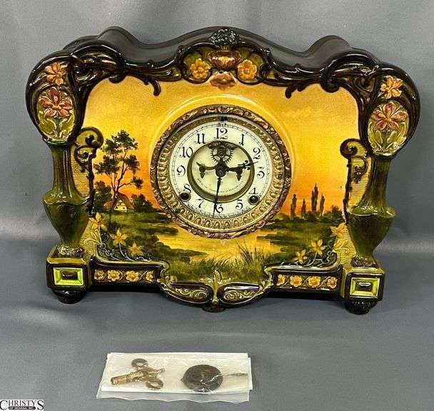 Royal Bonn La Roca Porcelain Ansonia Clock Co. Cottage Landscape Scene Mantle Clock - 14" x 5" x 11" image