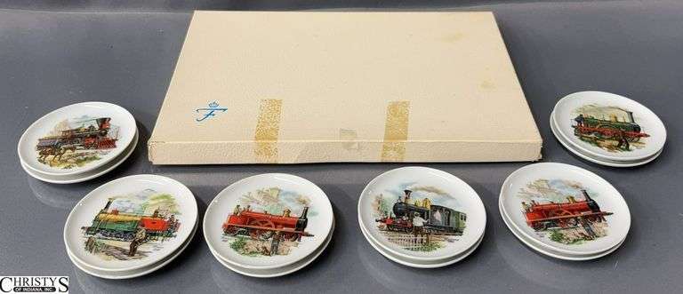 18 Train and Fruit Motif Porcelain Coasters - 4" D of largest - some chipping image