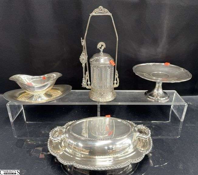 Zipper Edge Glass & Silverplate Pickle Castor, Silverplate Tazza, Gravy Boat, Lidded Vegetable - Wilcox, Towle, Gorham and Other - 12" of tallest image