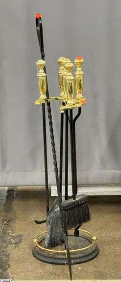 Fireplace Set With Brass Like Handles, Wrought Iron Fire Poker image