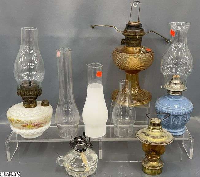 Oil Lamps, Some Chimneys, Missing Shades, Tallest Amber Color 15" image