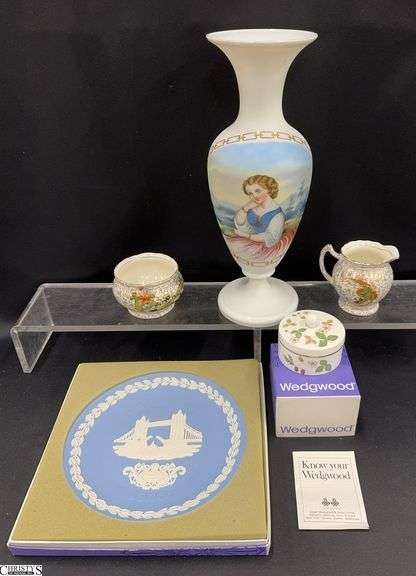 Portrait Printed Glass Vase, Wedgwood Collector Plate and Lidded Dish, Phoenix Ware Cream and Sugar - 13" of vase image