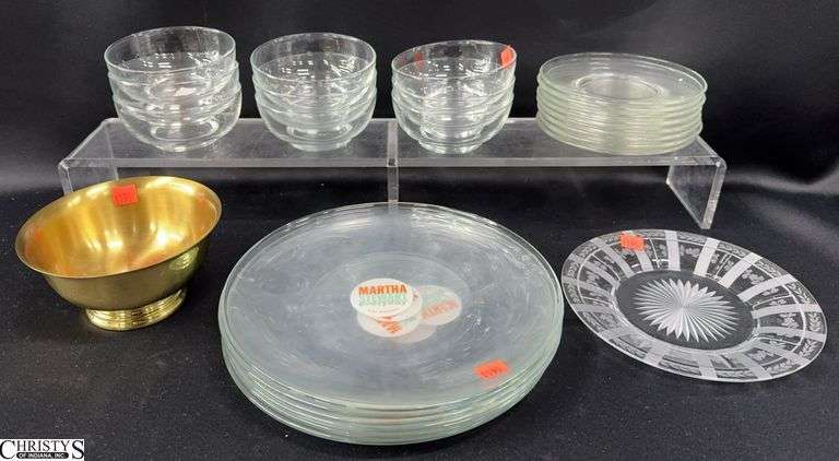 Martha Stewart Clear 10.5" Dinner Plates, Dessert Bowls, Saucers, Brass Colored Bowl image