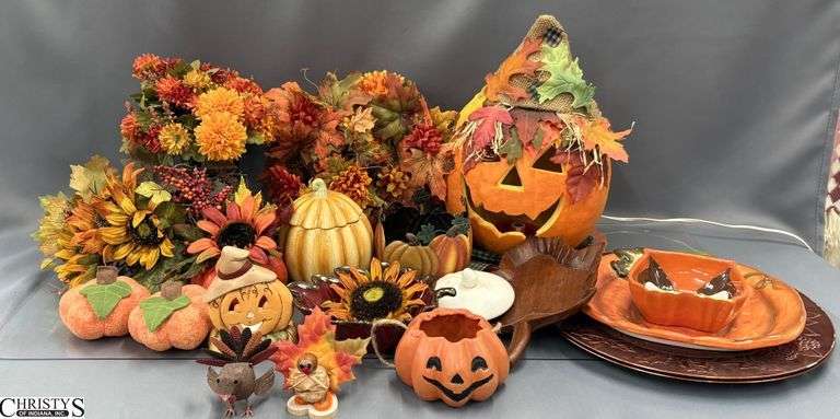 Assorted Fall Theme Decor - Artificial Floral, Jack O Lantern, Dishes, Misc - 13" of tallest image