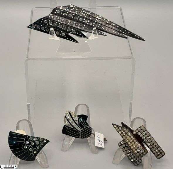 4pcs Vintage Celluloid and Gem Accent Costume Jewelry, Largest Brooch 4.25" image