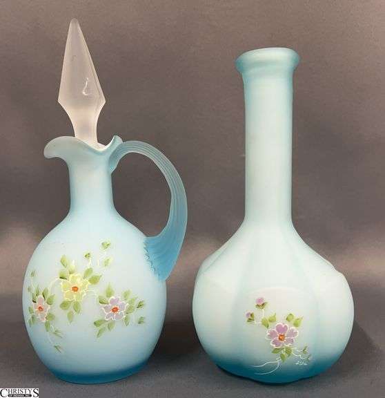 L. G. Wright Hand Painted Cased Glass Cruet and Barber Bottle - 2pcs - 7" of tallest - bottle missing stopper image