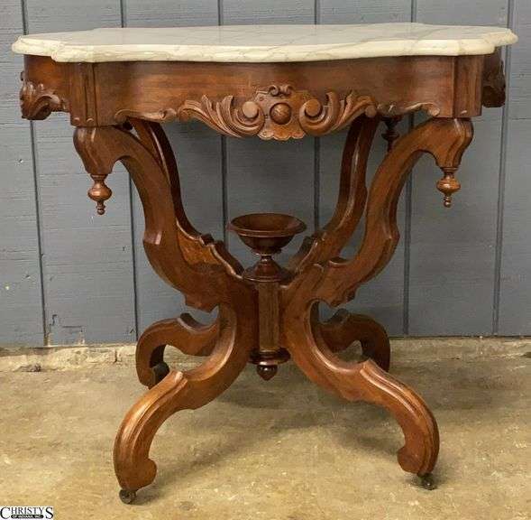 Ornate Carved Wood Turtle Marble Top Parlor Table - 33" x 25" x 30 image