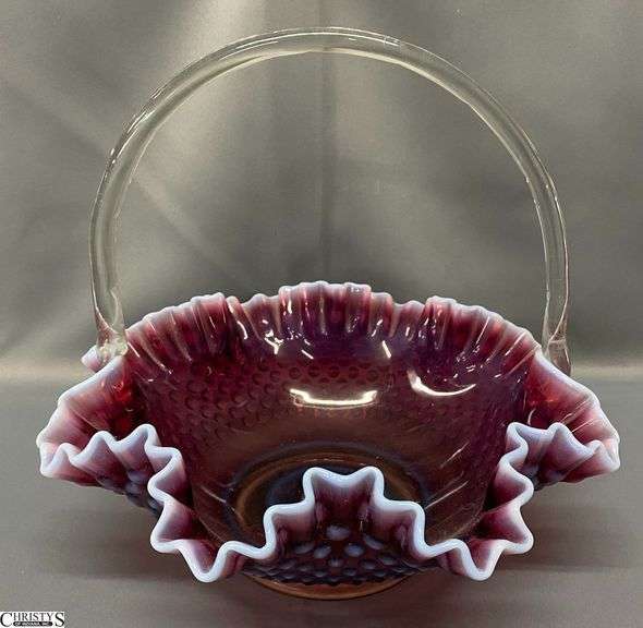 Fenton Plum Opalescent Hobnail Basket - 12" x 10" image
