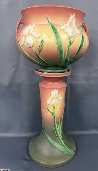 Roseville Pottery "Iris" Double Handled Jardinière and Stand - 12" x 9" x 26" T overall - 9.5" W at base image