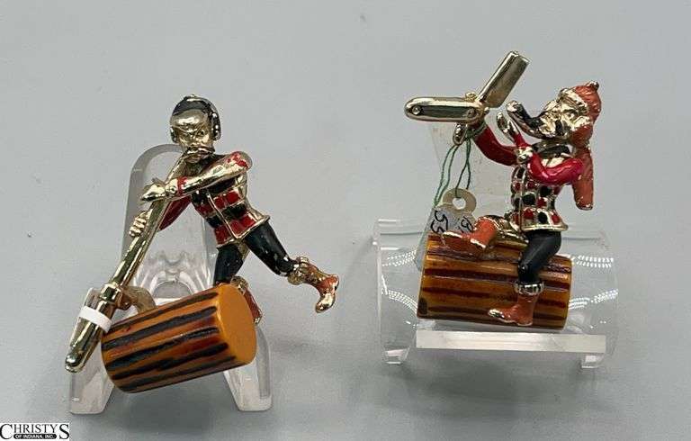 2 Vintage Charles F Worth Enameled (Some Paint Chips)  Lumberjack Pins With Bakelite Stumps 2" image
