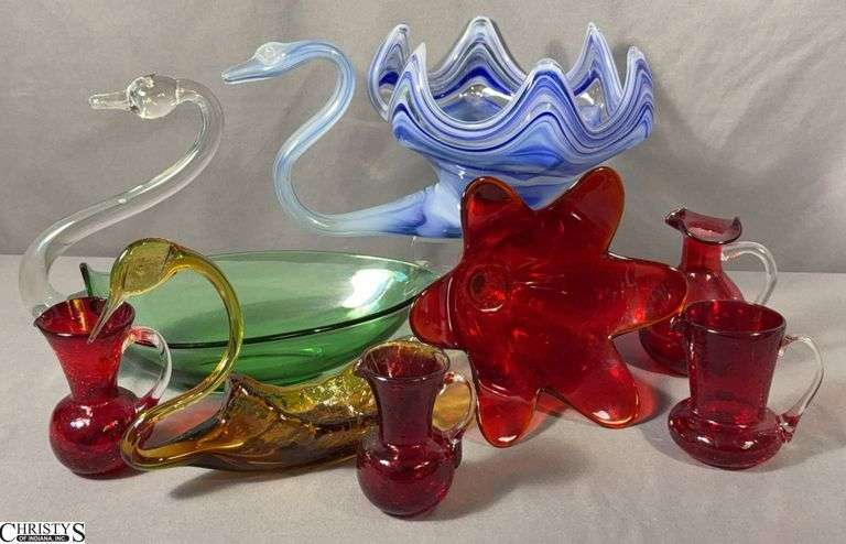 Mid Century Glass Grouping - 8pcs - Viking, Pilgrim Crackle, and Others - 12" of largest image