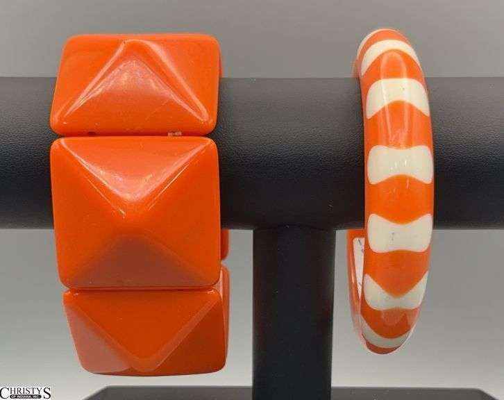 2 Lucite Bracelets Orange and Polka Dot  3.5" Round image