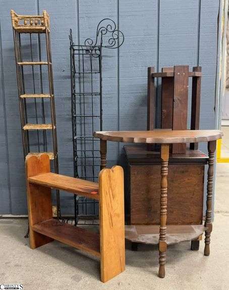 Small Side Tables, Wood Shelf, CD Stands - 5pcs - 21" x 10" x 22" of largest table - some wear image