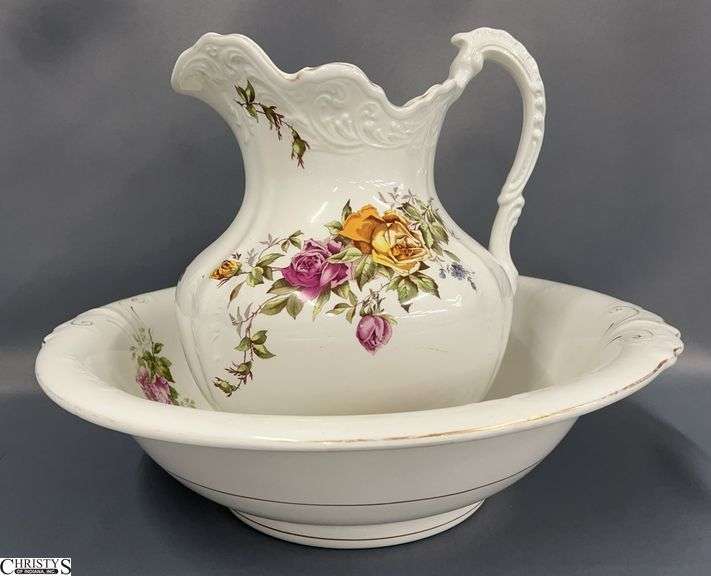 Buffalo Pottery Rose Motif Pitcher and Bowl - 16" x 12" overall image