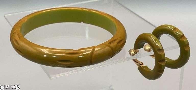 Green Bakelite Bangle and Clip on Earrings Set image