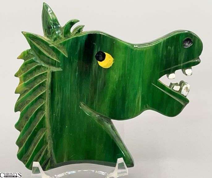 Green Marbled Bakelite Horse Head Brooch, Vintage Signed Jim Foltz 3.25x3" image