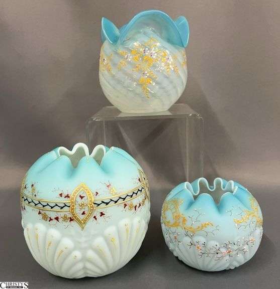 3 Antique Hand Painted Frosted Cased and Opalescent Rose Bowl Vases - 3pcs - 5" of tallest image