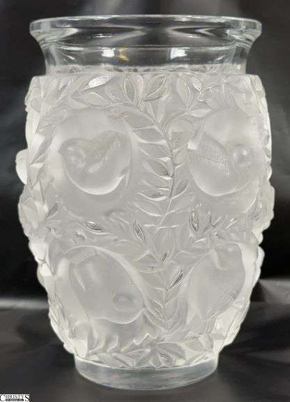 Signed Lalique Bagatelle French Art Glass Vase - 6.5" x 5" - minor shelf wear to base image