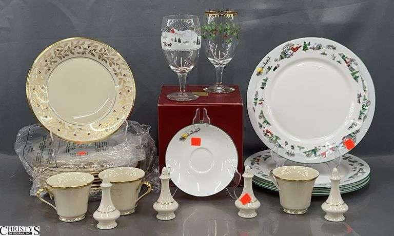 Lenox Variety of Dishes, Goblets, Salt and Peppers, Holiday Sleighride Plates Largest 11" , 1 Saucer, 3 Cups, Eternal Christmas Pattern Plates image