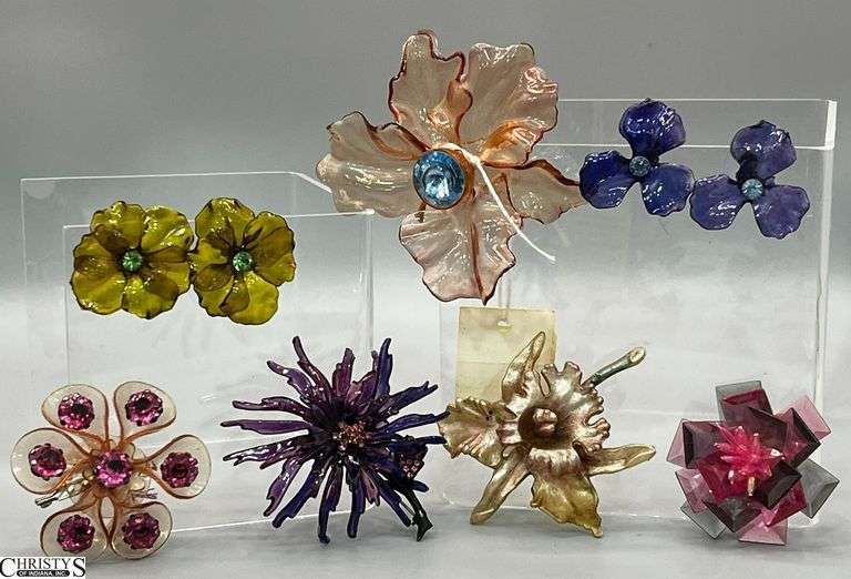 Lucite Florals, 2 Pair of Clip Earrings, 5 Pins, Largest 3.5" image