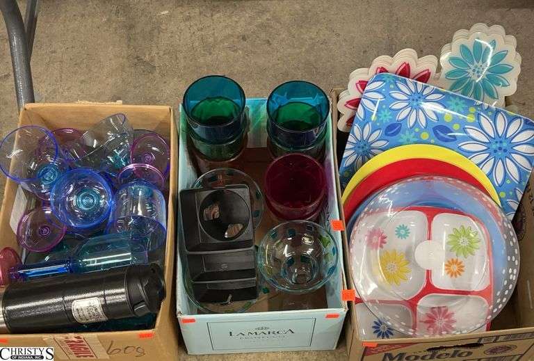 3 Boxes Assorted Plastic Serveware, Stanley Travel Mug - Bowls, Glasses, Trays, Placemats - 12" x 12" of largest image