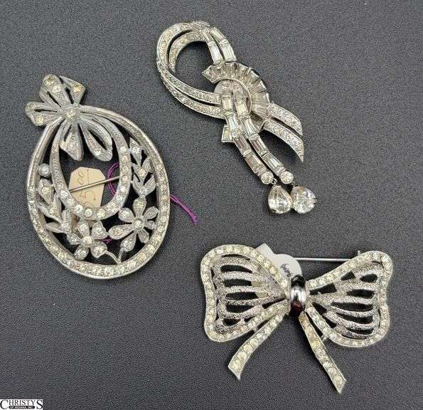 3 Rhinestone Costume Brooches, One Marked Mazer image